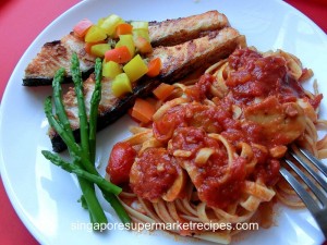 Grilled Salmon with Tomato Pasta using Tapenade Olive Spread