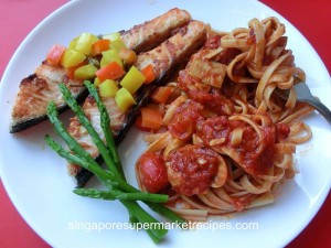 Grilled Salmon with Tomato Pasta using Tapenade Olive Spread